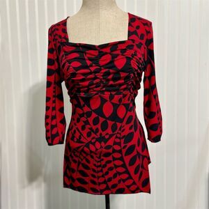 Vintage Y2K Sushi Flower Top XL Red Black‎ Geometric Ruched Sharkbite Hem USA